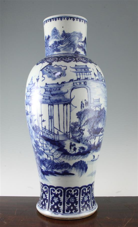 A large Chinese blue and white baluster vase, 19th century, 58cm, hole to base